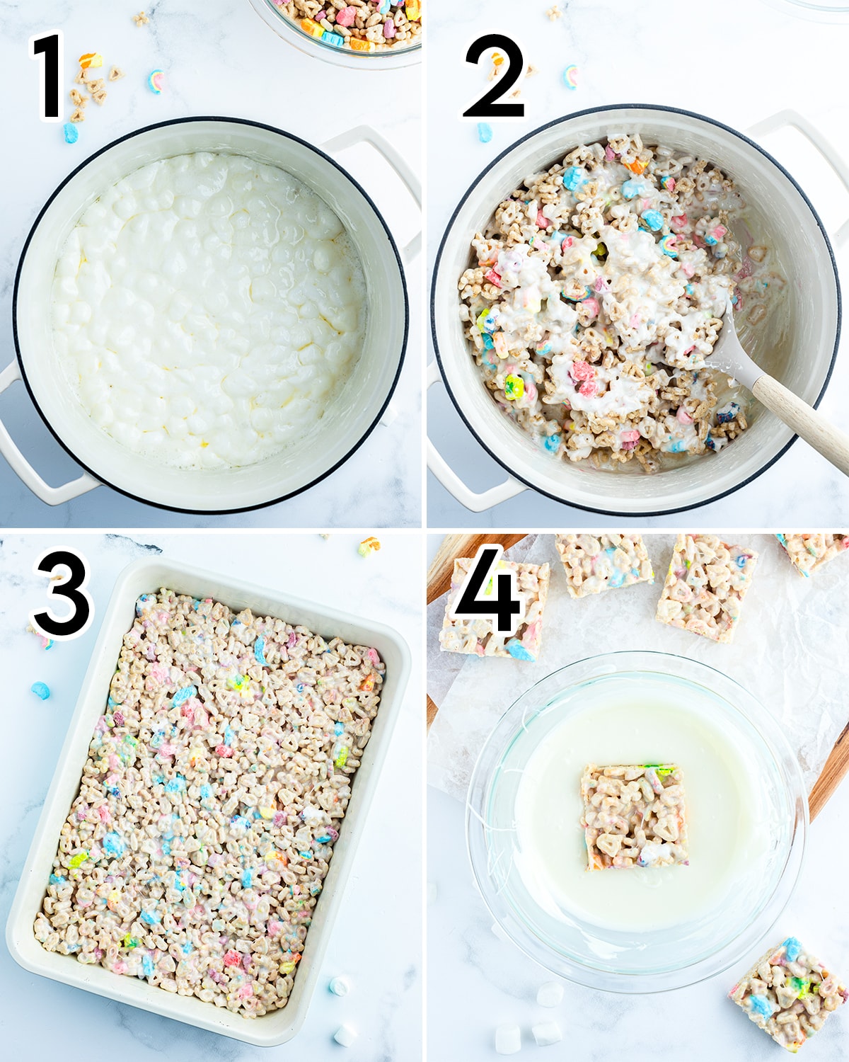 A collage of 4 photos showing how to make lucky charms rice krispie treats.