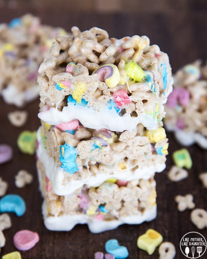 A stack of three lucky charms rice krispie treats.
