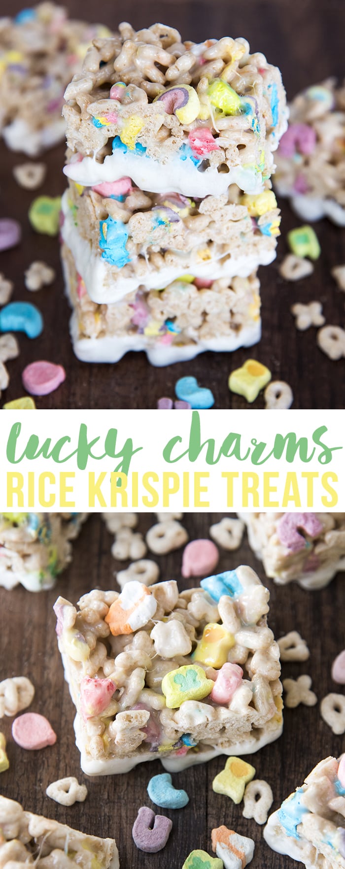 A collage of two photos of lucky charms rice krispie treats with a text block between them. 
