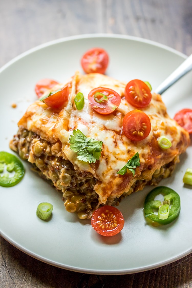 A plate of lentil enchilada casserole topped with tomatoes. 