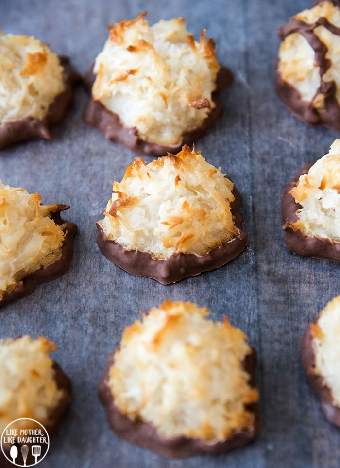 Coconut macaroons dipped in chocolate on the bottom.
