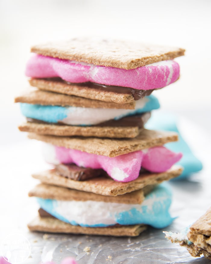 A stack of smores made with peeps instead of marshmallows.