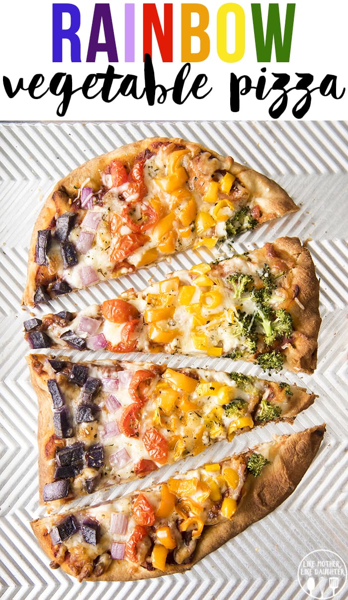 This Rainbow Vegetable pizza is a delicious vegetarian pizza with the colors of the rainbow!
