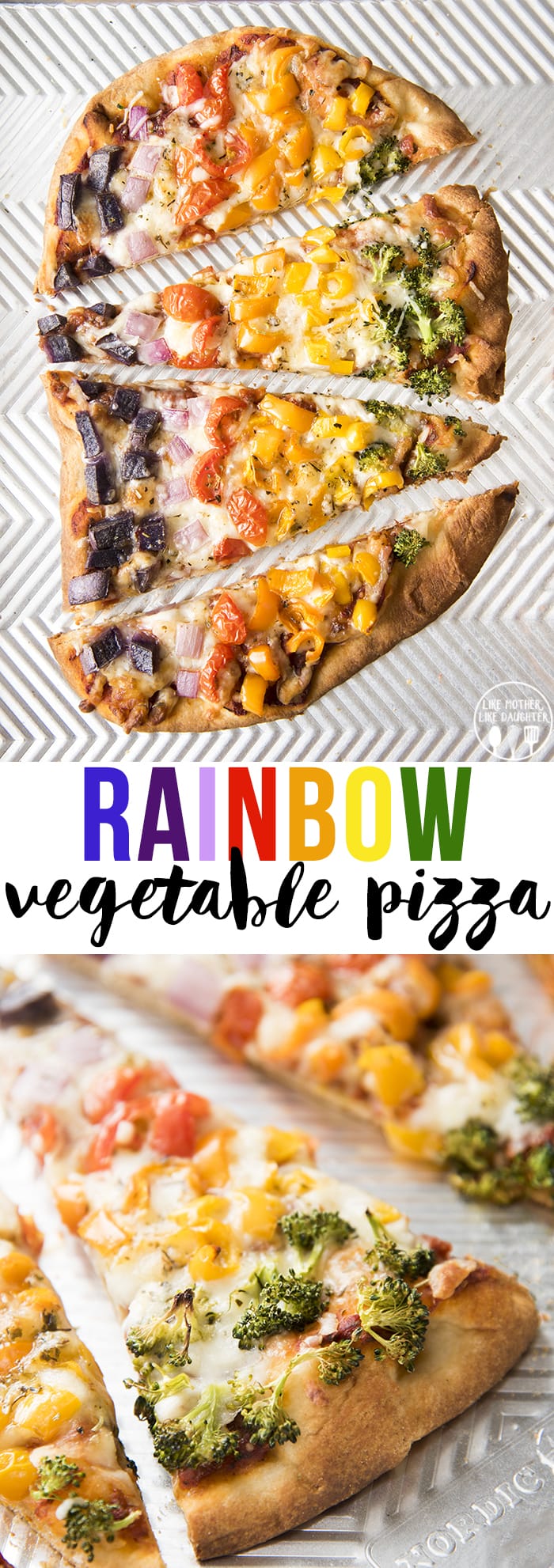 This Rainbow Veggie pizza is a delicious vegetarian pizza with the colors of the rainbow!
