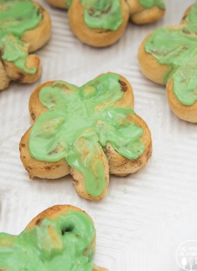 Green shamrock shaped cinnamon rolls.