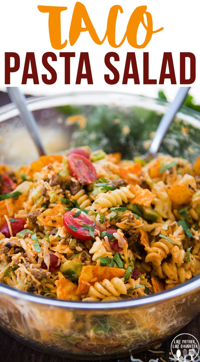 A bowl of taco pasta salad topped with tomatoes and fresh cilantro with a text block over the top of the photo.