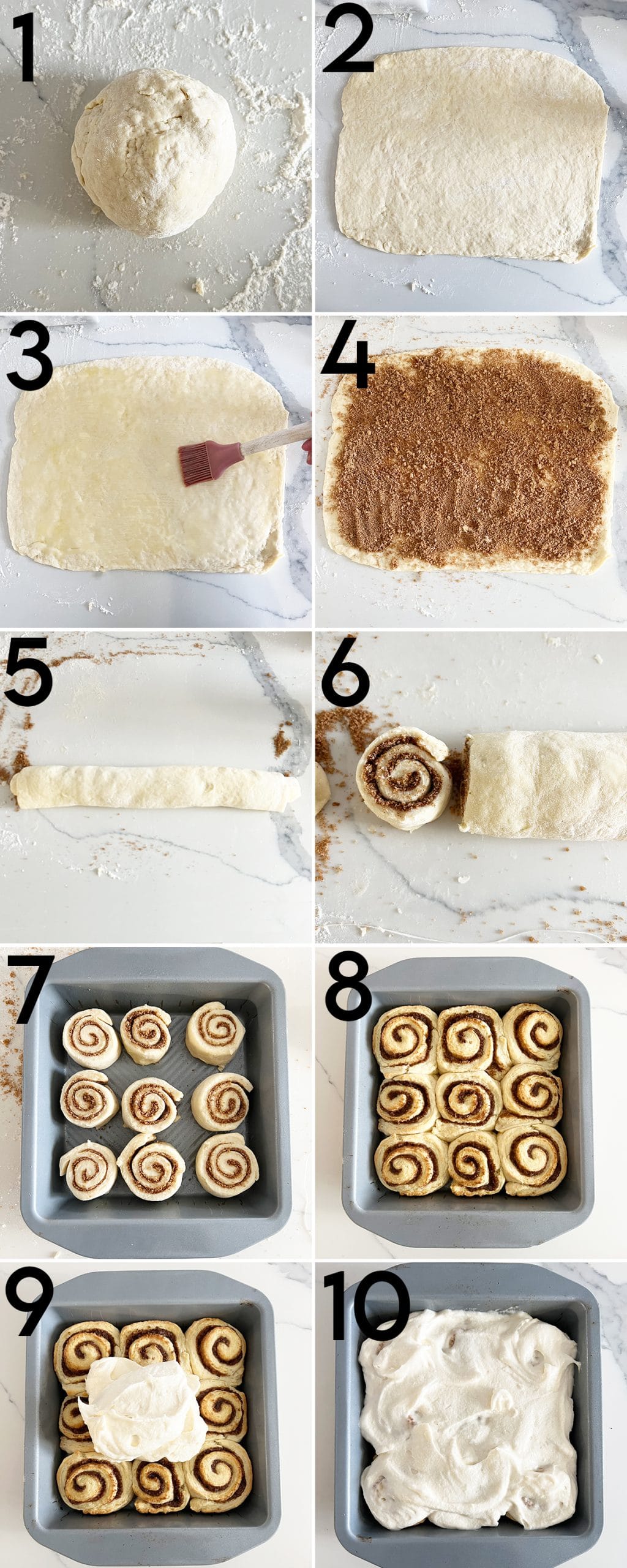 A collage of 6 photos showing how to make cinnamon rolls without yeast.
