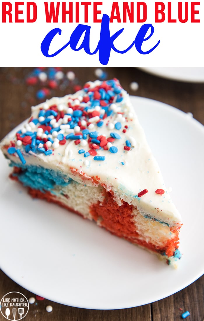This red white and blue cake is a delicious tie dye cake topped with an easy buttercream frosting, perfect for Memorial Day or the Fourth of July!