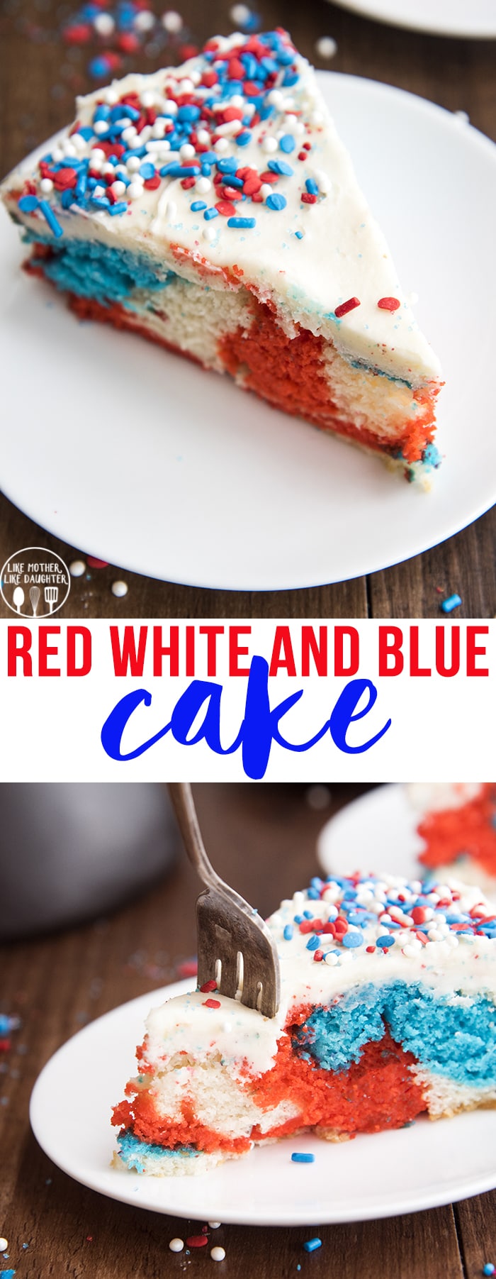 This red white and blue cake is a delicious tie dye cake topped with an easy buttercream frosting, perfect for Memorial Day or the Fourth of July!