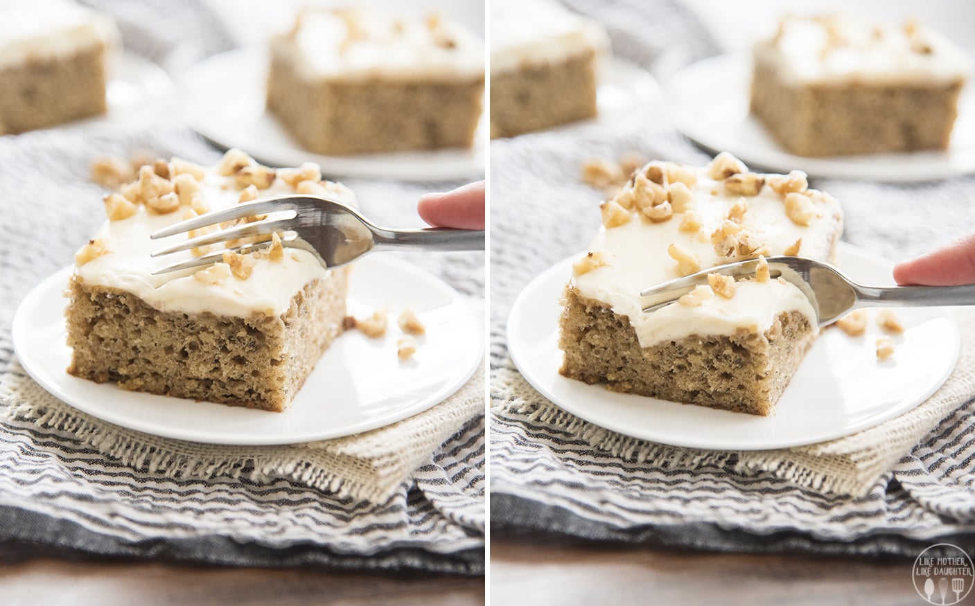 A collage of two photos of banana cake side by side.
