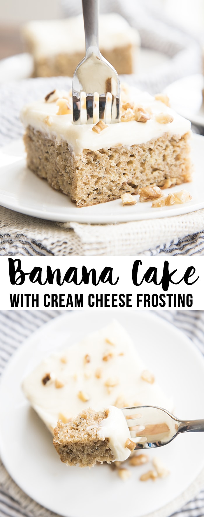 A collage of two photos of banana cake with cream cheese frosting with a text block in the middle.