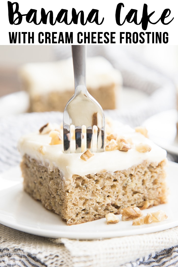 A piece of easy banana cake with a fork in it.