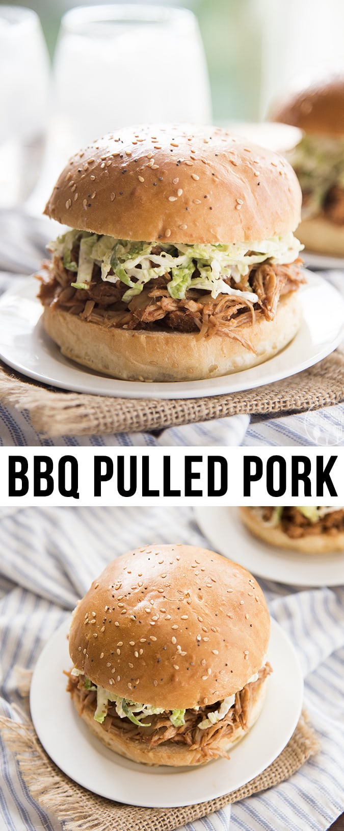A collage of two photos of bbq pulled pork sandwiches with a text block in the middle. 