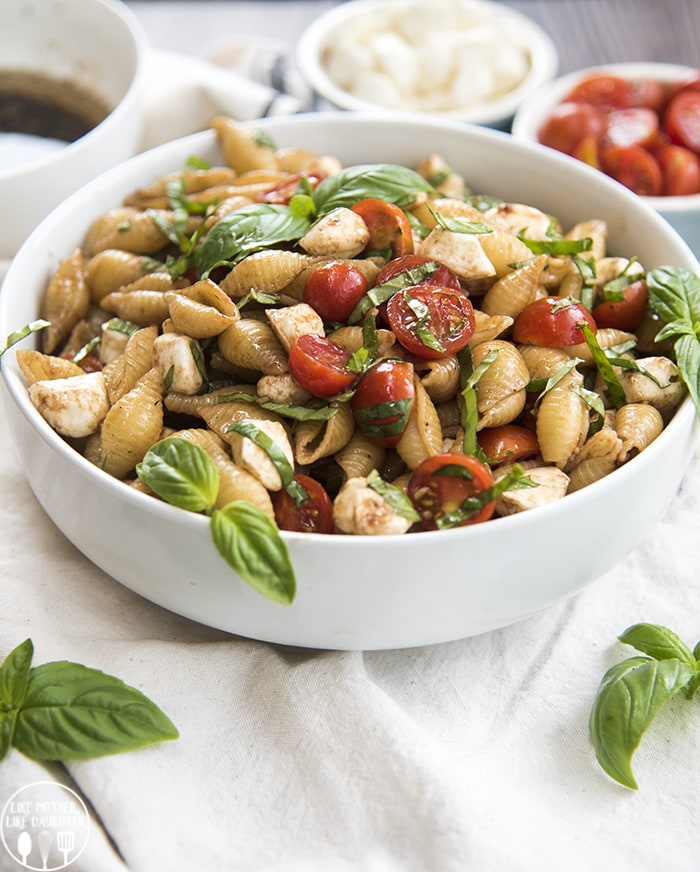 Caprese Pasta salad with mozzarella, tomatoes, basil and a balsamic dressing