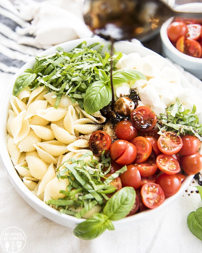 Basil, Tomato and Mozzarella with noodles topped with a balsamic dressing