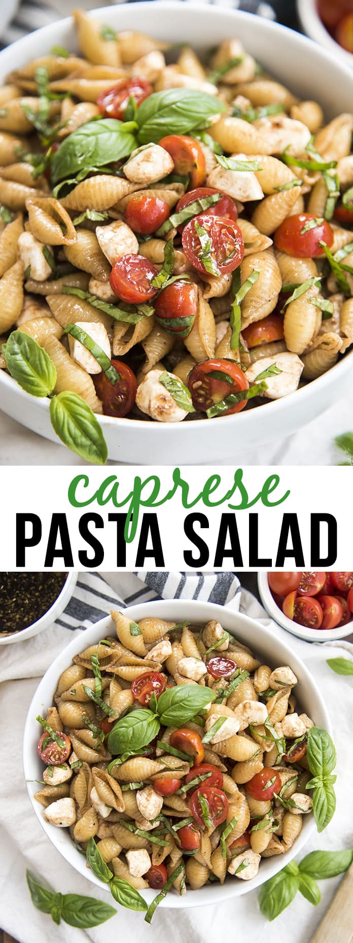 A collage of two photos of caprese salad with a text block between them.