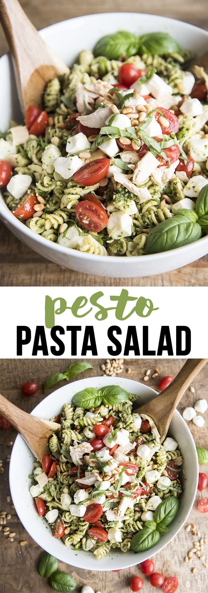 A collage of two photos of pesto pasta salad with a text block between them. 