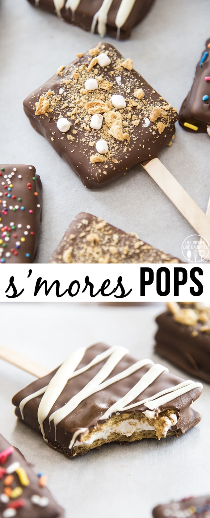 A collage of two photos of smores pops with a text block in the middle. 