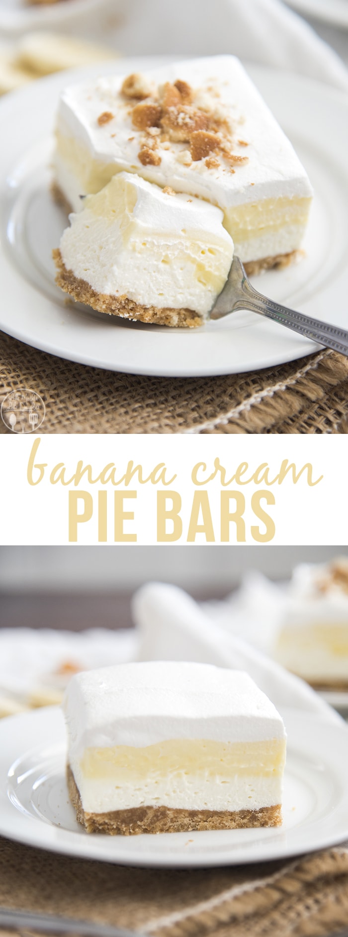 A collage of two photos of banana cream pie bars with a text block in the middle.