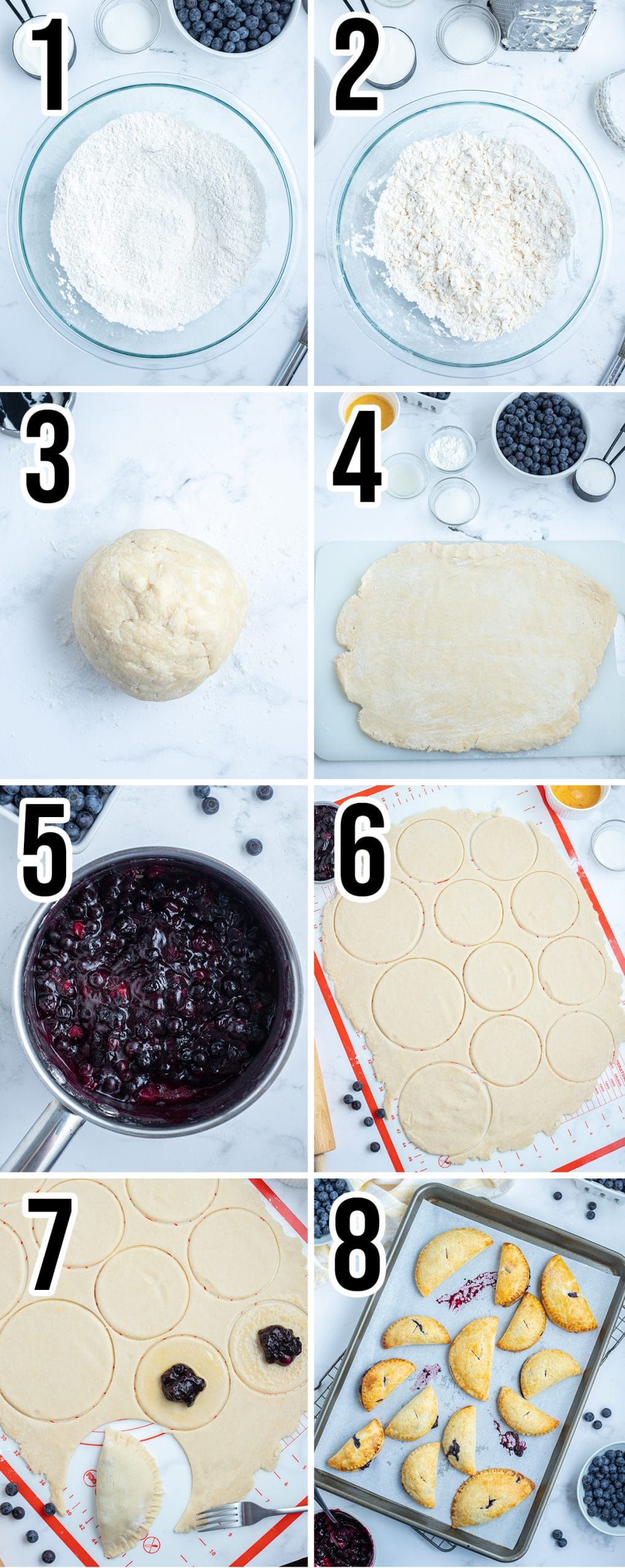 A collage of 8 photos showing the steps of how to make blueberry hand pies.
