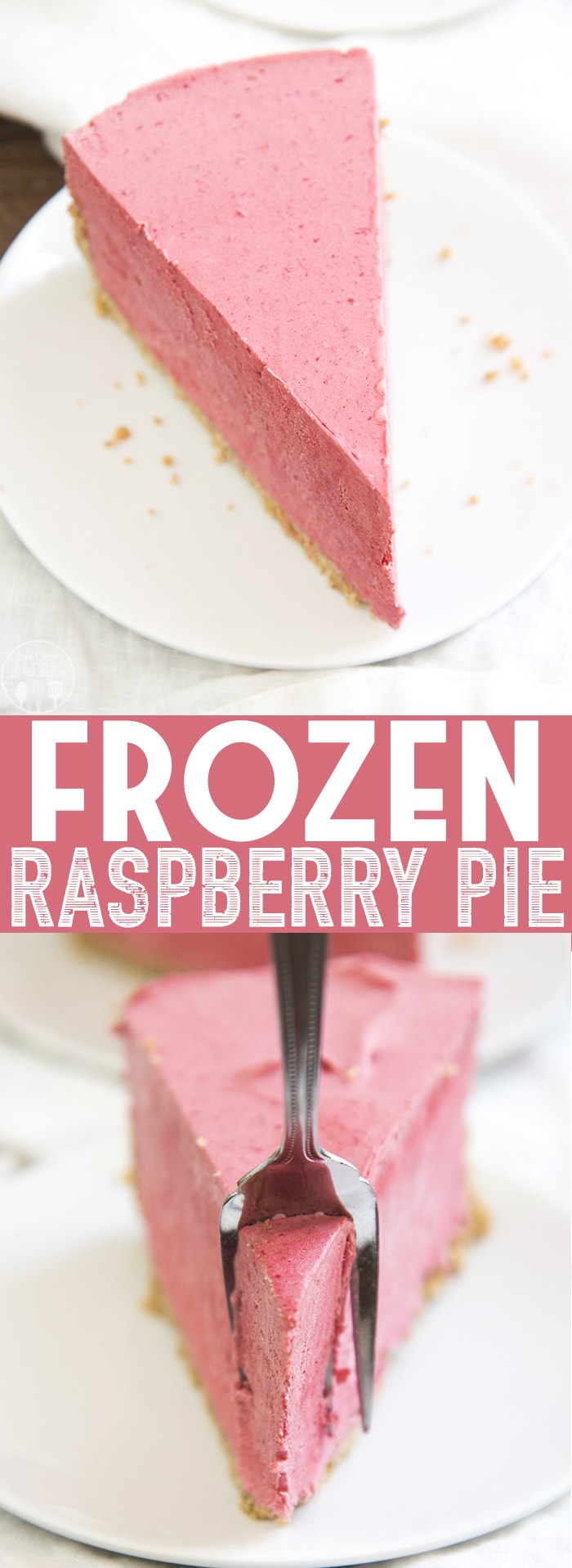 A collage of two photos of frozen raspberry pie with a text block in the middle. 