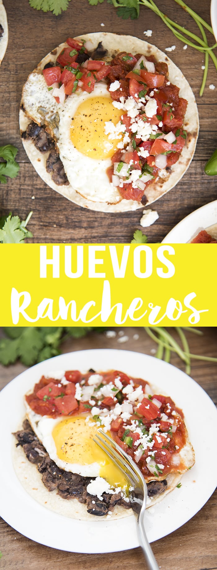 A collage of two photos of huevos rancheros with a text block in the middle. 