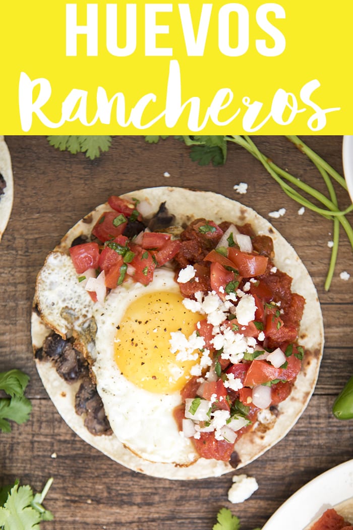 An overhead photo of huevos rancheros on a tortilla topped with salsa. 