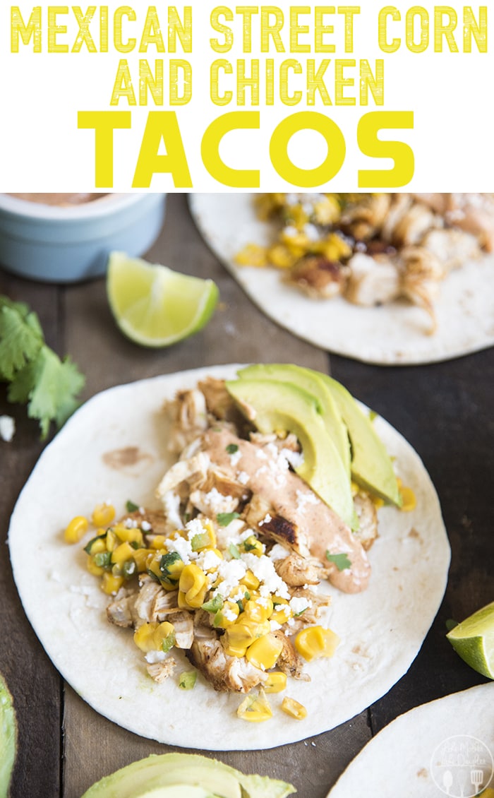 An open chicken and corn taco on a wooden board.