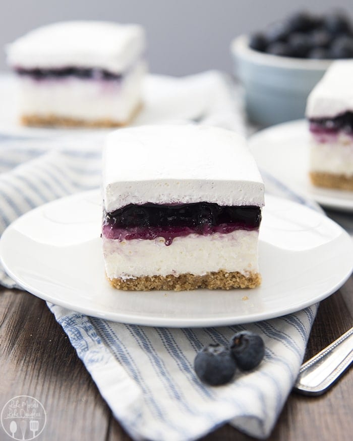 A piece of no bake blueberry cheesecake on a white plate.