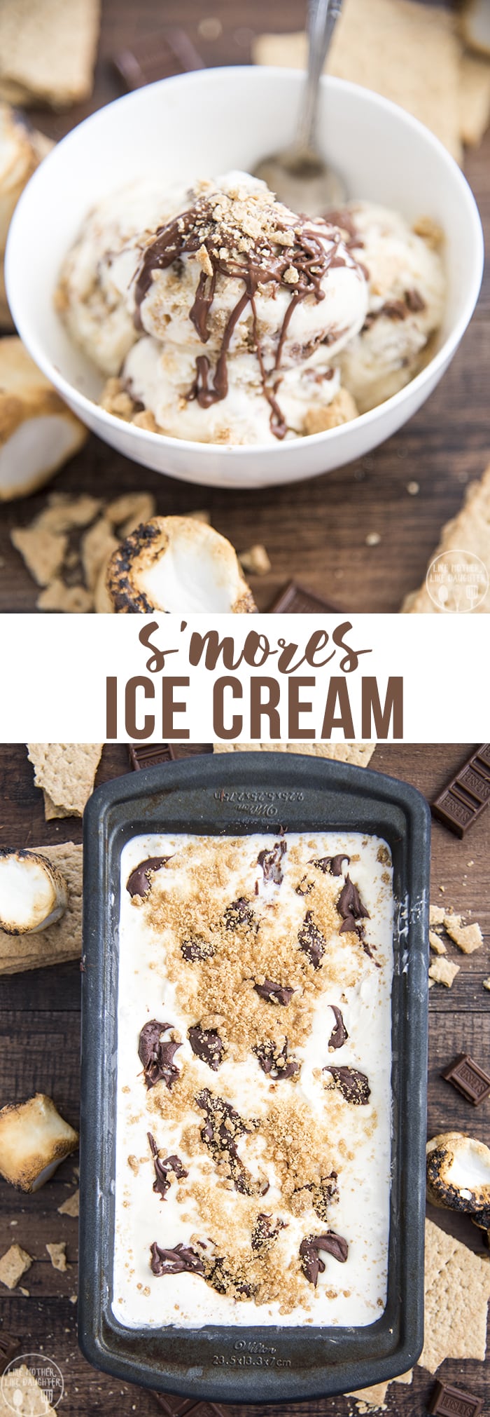 A collage of two photos of smores ice cream with a text block in the middle. 
