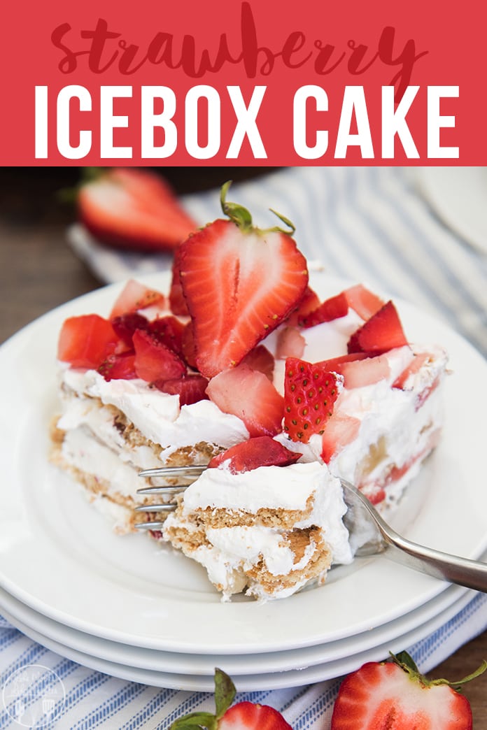 A piece of strawberry ice box cake with a fork cutting a piece out of it with a text block over the top. 