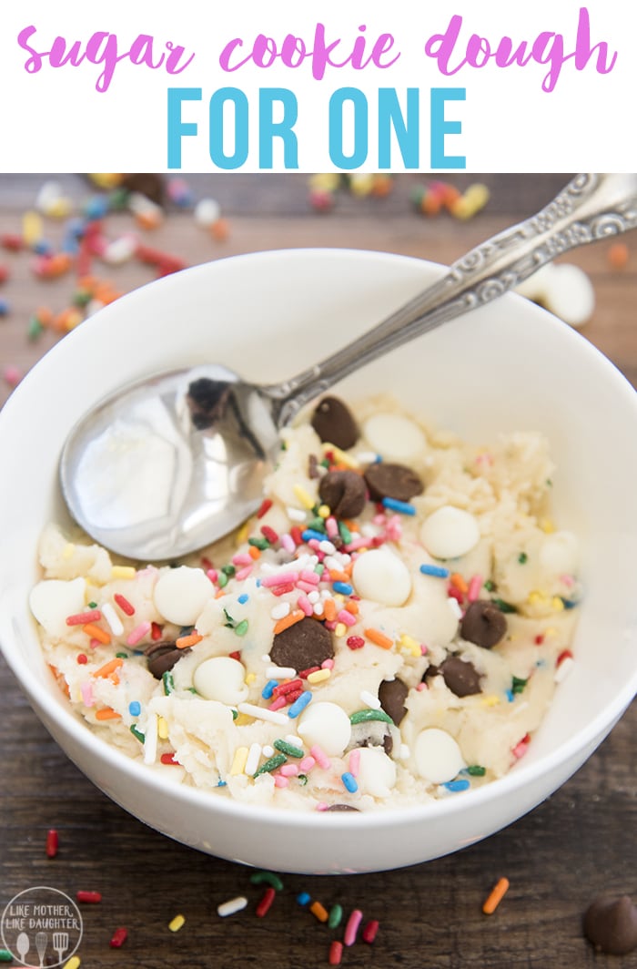 A bowl of edible sugar cookie dough with white chocolate chips, chocolate chips, and sprinkles. 