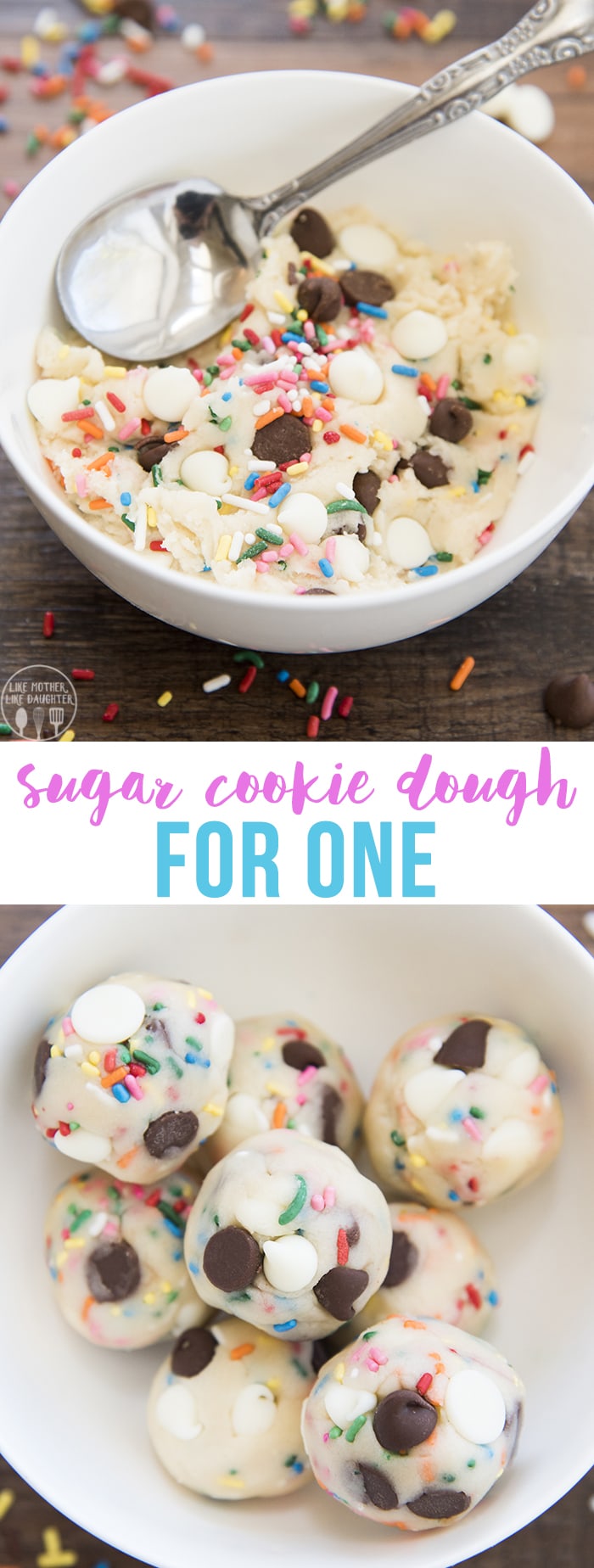 A collage of two photos of edible sugar cookie dough with a text block in the middle of them. 