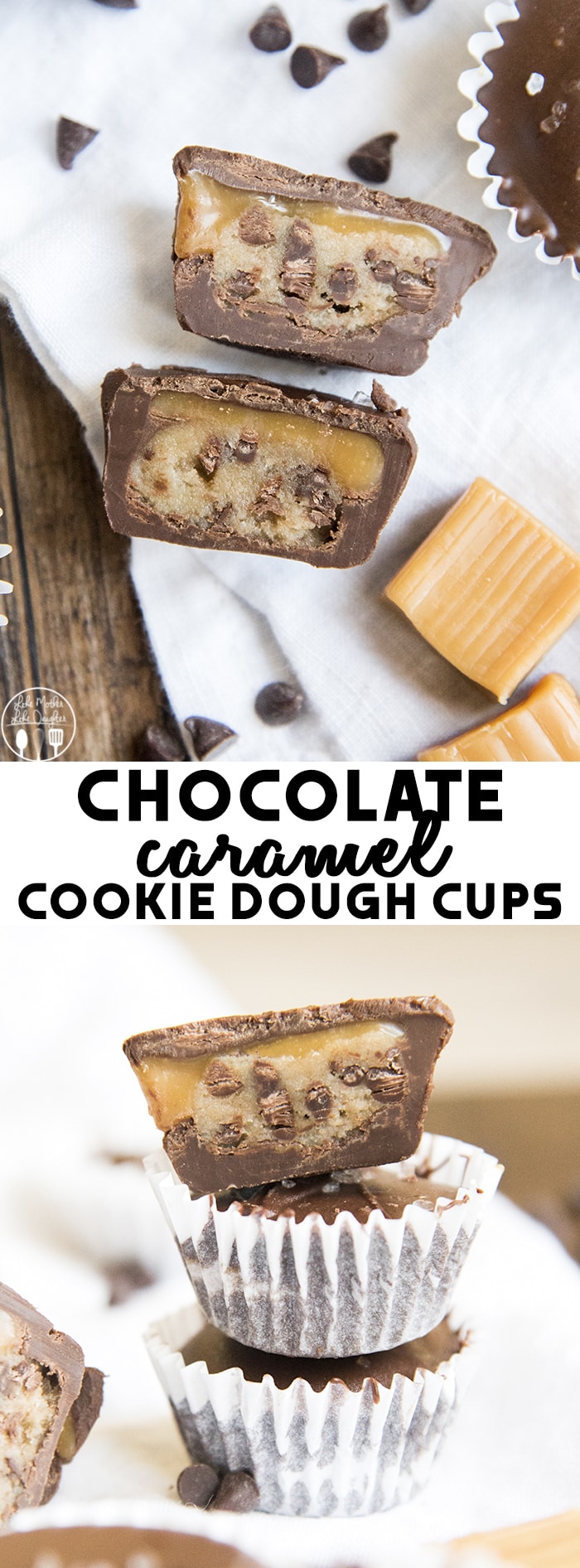 A collage of two photos of chocolate caramel cookie dough cups with a text block in the middle. 