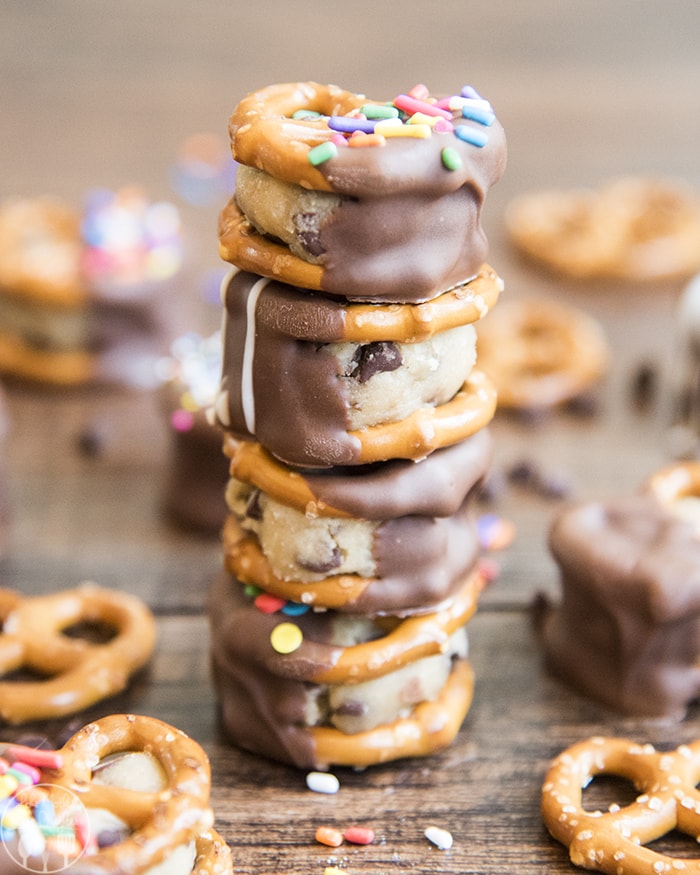 Cookie Dough Stuffed Pretzels with edible cookie dough, salty pretzels and dipped in chocolate