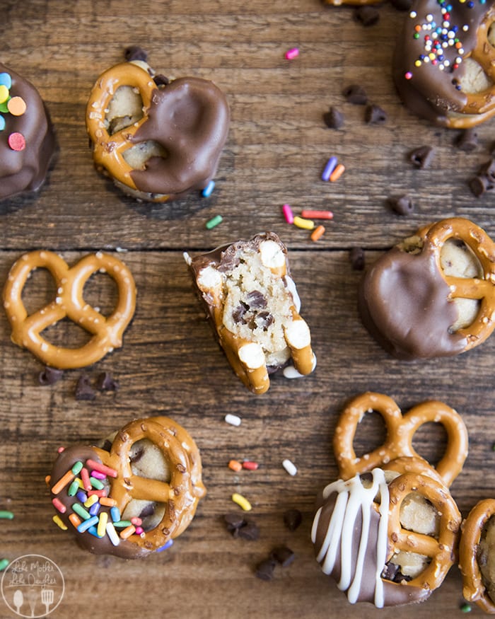 Cookie Dough Stuffed Pretzels dipped in chocolate!!
