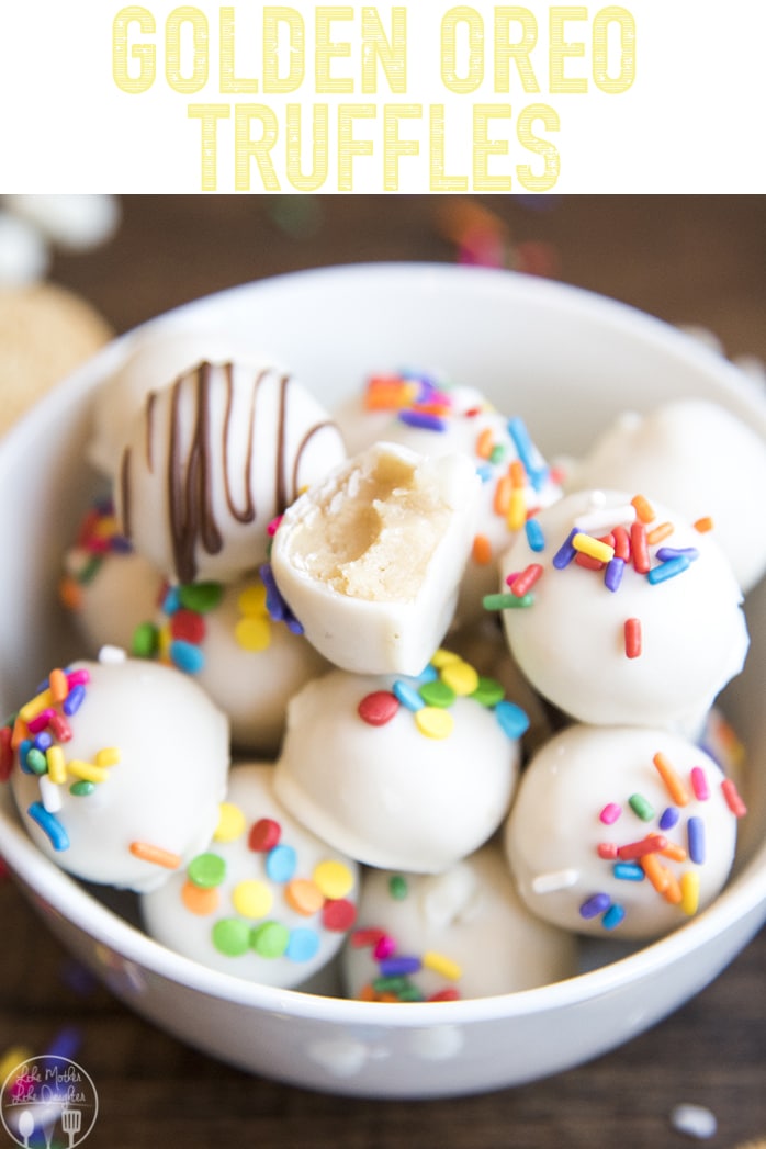 Golden Oreo Truffles are delicious Oreo Balls made with Golden Oreos and dipped in white chocolate. The perfect bite sized treat that everyone loves!