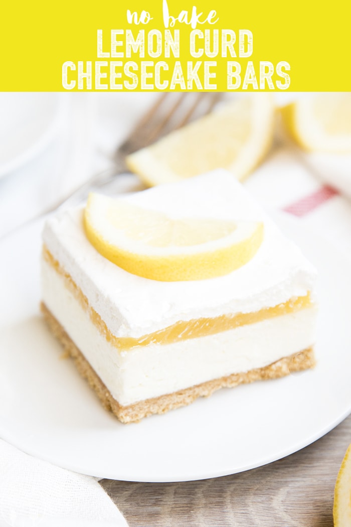 A lemon curd cheesecake bar on a plate topped with a lemon slice with a text block over the top.