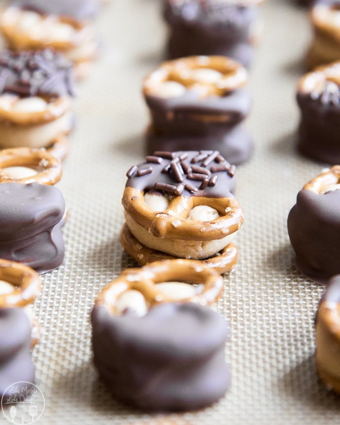 Buckeye Pretzel Bites with a peanut butter ball stuffed between two pretzels!