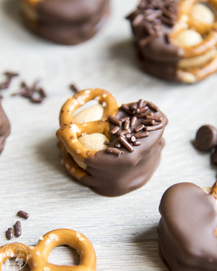 Buckeye Stuffed Pretzels dipped in chocolate