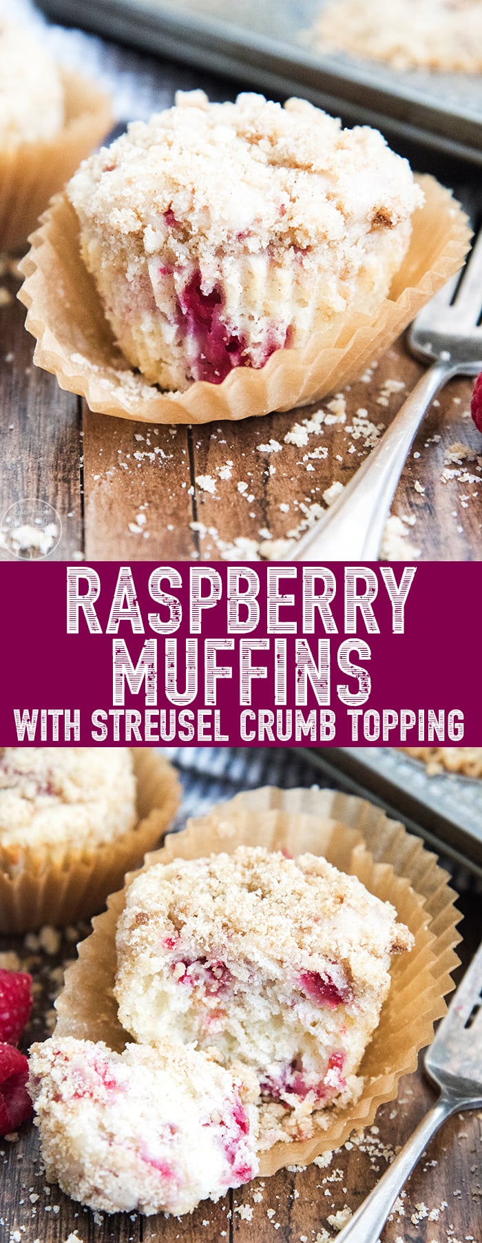 These Raspberry Muffins are sweet, moist, and soft; and are topped with the best sugary crumb topping! Perfect for breakfast, brunch, or a snack!