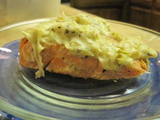 A one of a kind salmon dish with 2 cheeses and artichoke sauce for your healthy eating style.