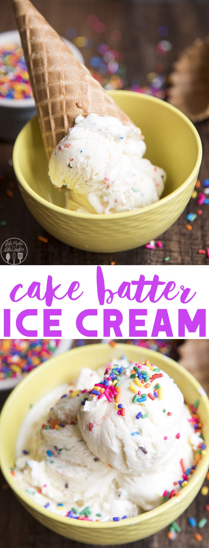 A collage of two photos of cake batter ice cream in a yellow bowl with a text block in the middle. 
