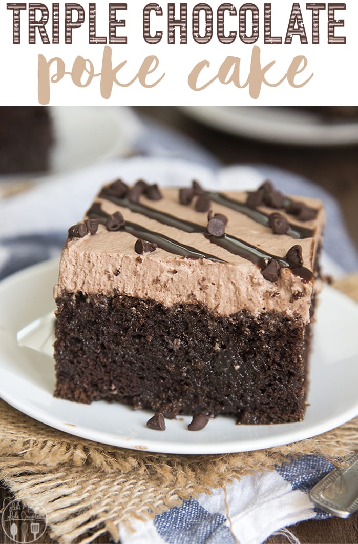 This chocolate poke cake is a rich and decadent chocolate cake that is filled with hot fudge sauce, and topped with chocolate whipped cream!