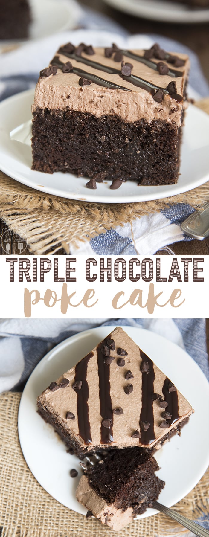 This chocolate poke cake is a rich and decadent chocolate cake that is filled with hot fudge sauce, and topped with chocolate whipped cream!