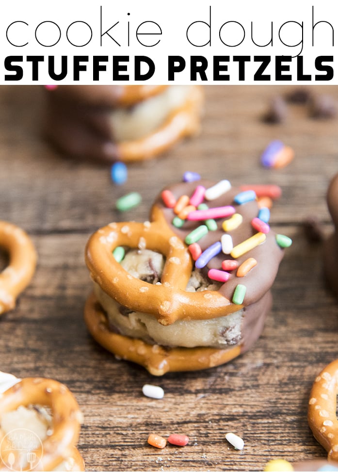 Two pretzels stuffed with cookie dough and dipped in chocolate.