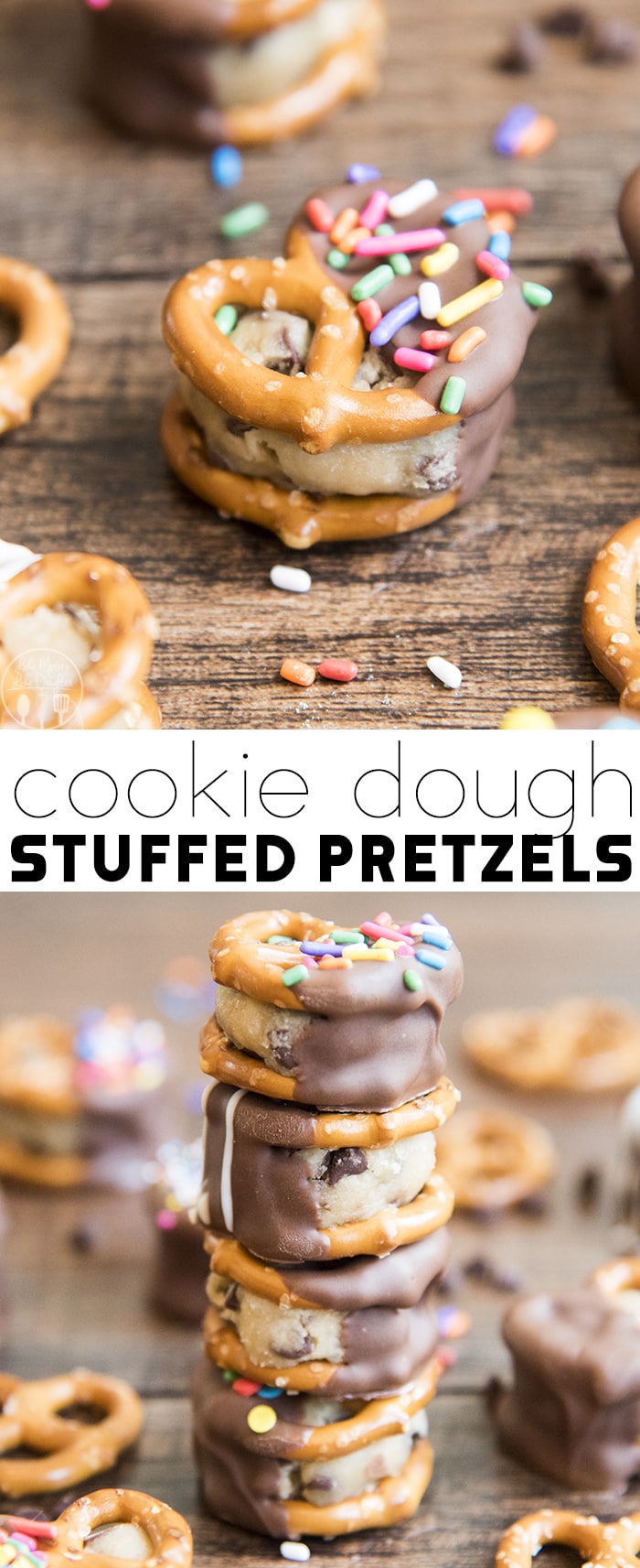 A collage of two photos of cookie dough stuffed pretzels with a text block in the middle. 