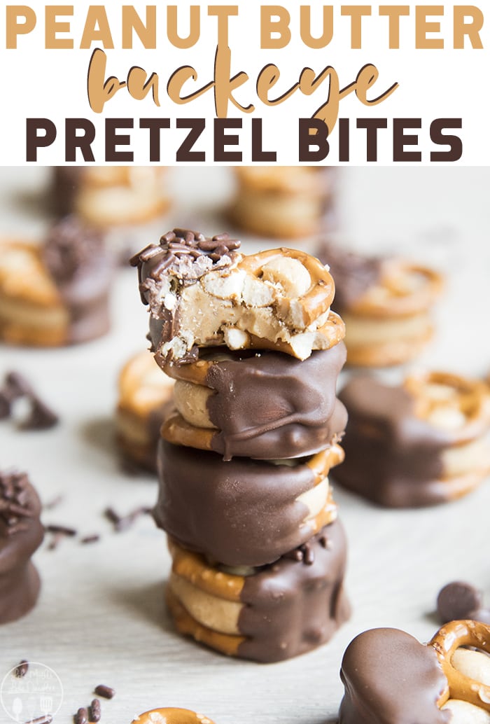 A stack of 4 pretzel peanut butter buckeye bites with a text block over the top.