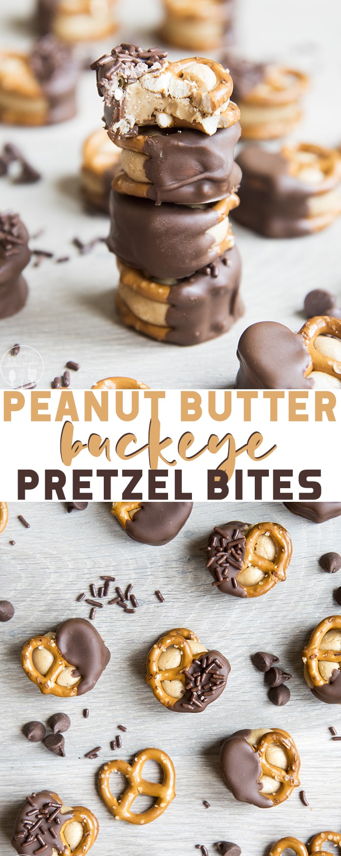 A collage of two photos of pretzels filled with peanut butter and dipped in chocolate with a text block in the middle.