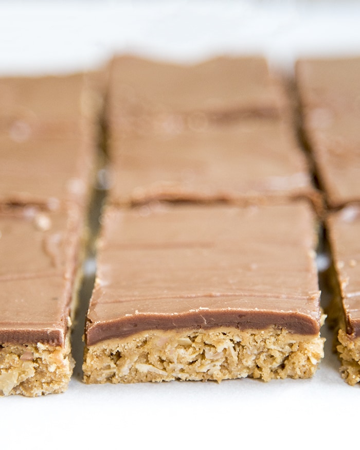 Peanut Butter Oatmeal Bars topped with Chocolate